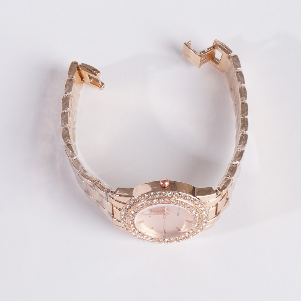 Womens Chain Wrist Watch Dual Stone Rosegold