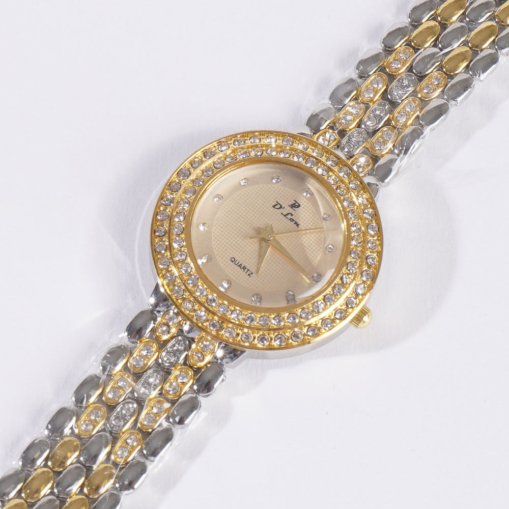 Two Tone Dual Stone Womens Chain Wrist Watch Golden