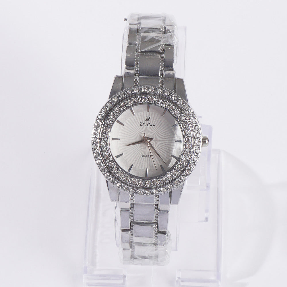 Womens Chain Wrist Watch Dual Stone Silver