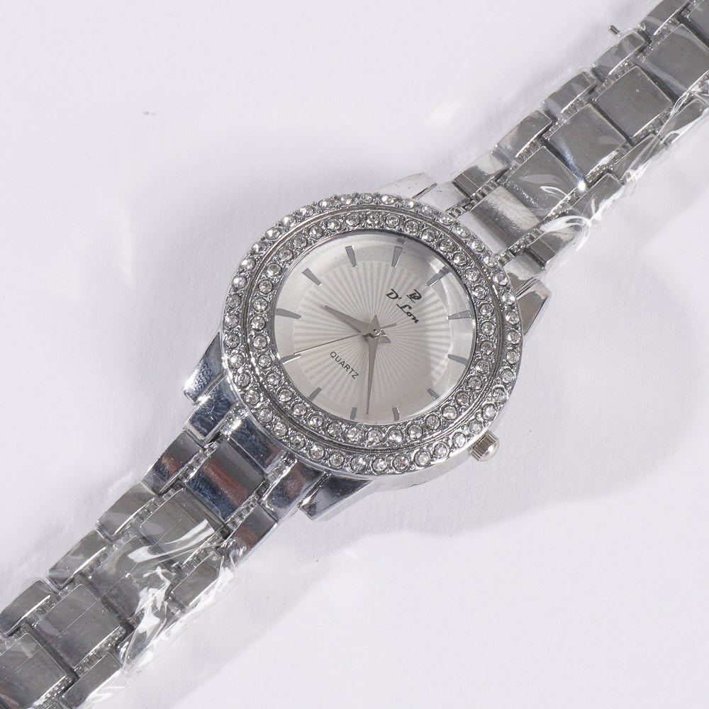 Womens Chain Wrist Watch Dual Stone Silver
