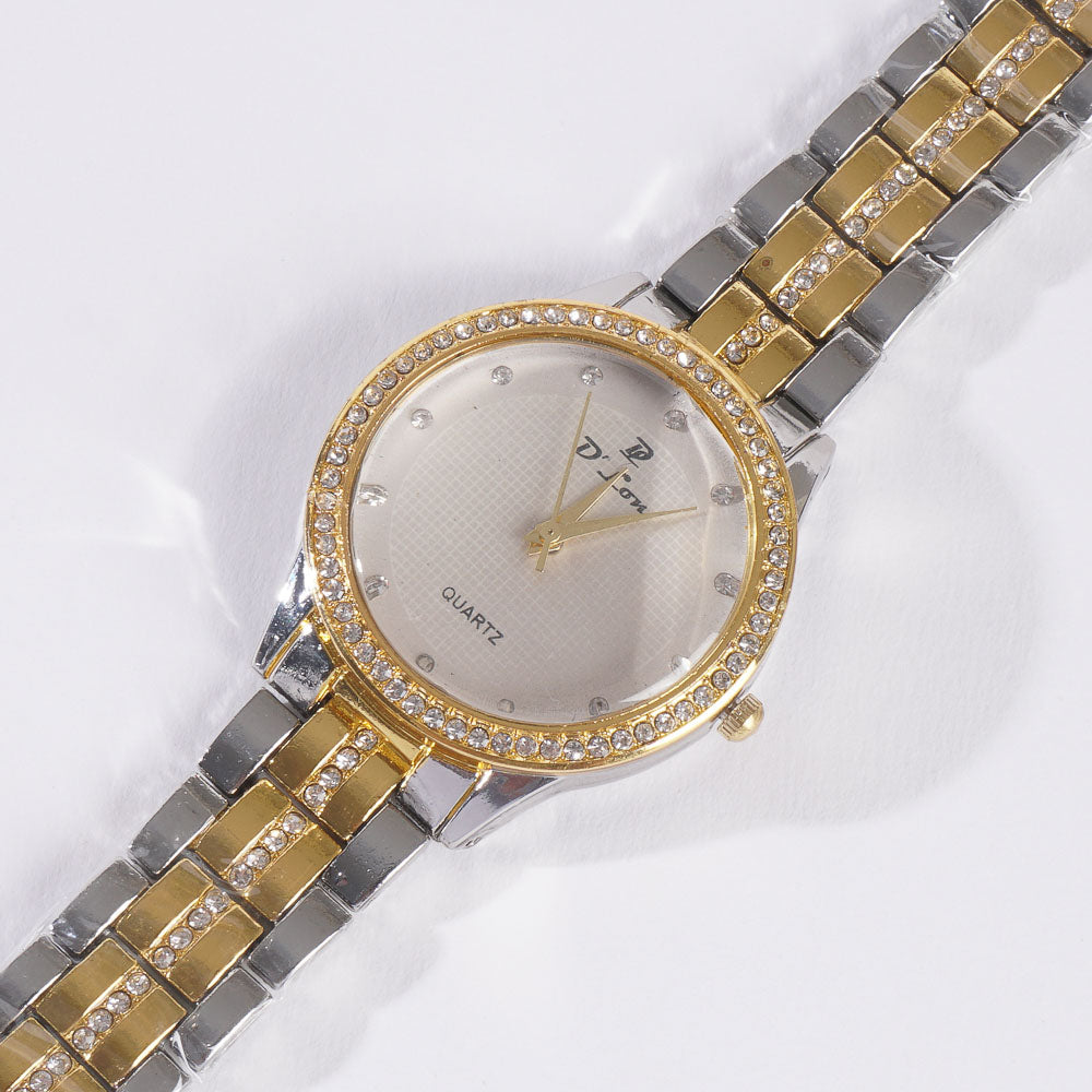 Two Tone Womens Chain Wrist Watch Stone Golden