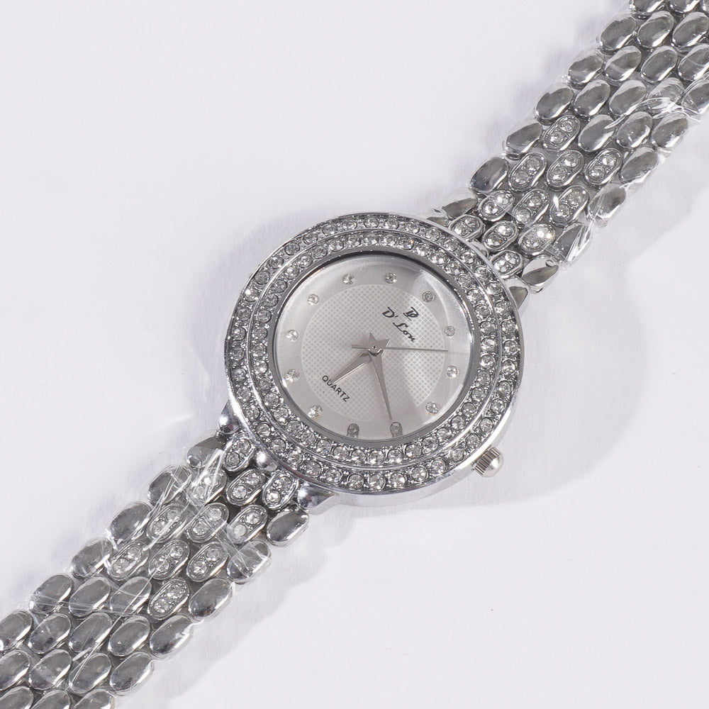 Dual Stone Womens Chain Wrist Watch Silver