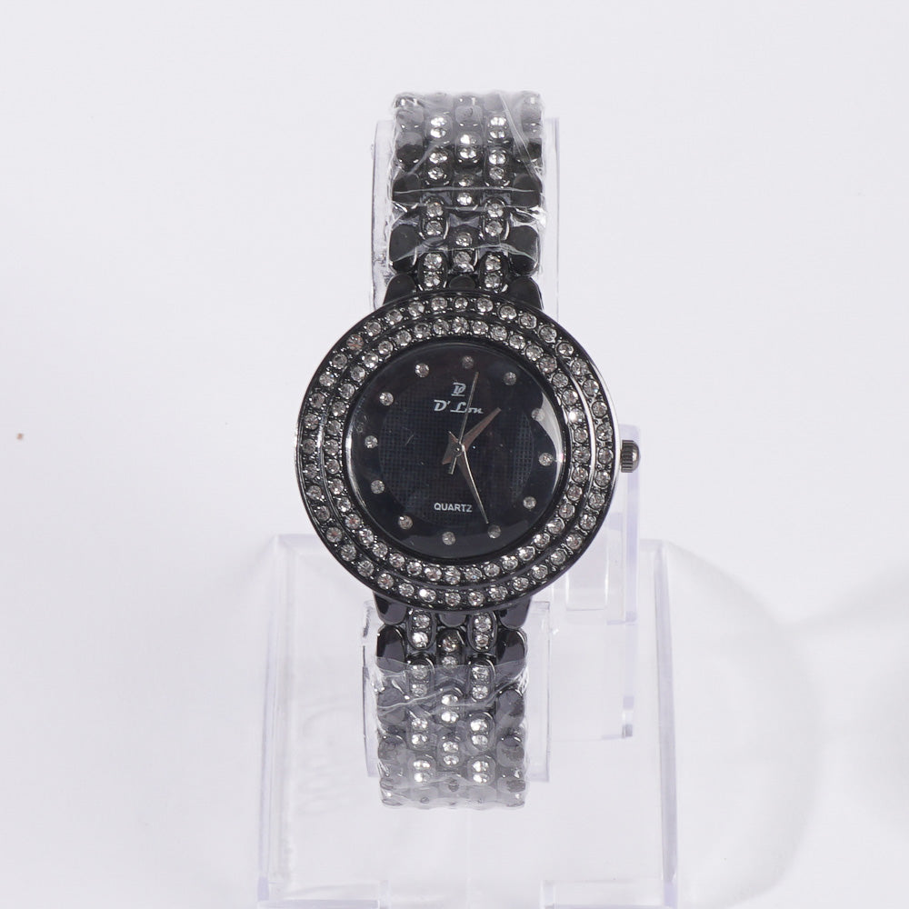 Dual Stone Womens Chain Wrist Watch Black