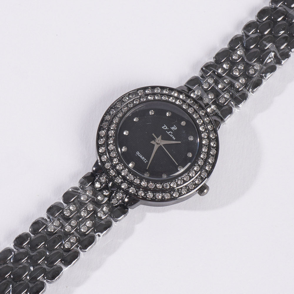 Dual Stone Womens Chain Wrist Watch Black