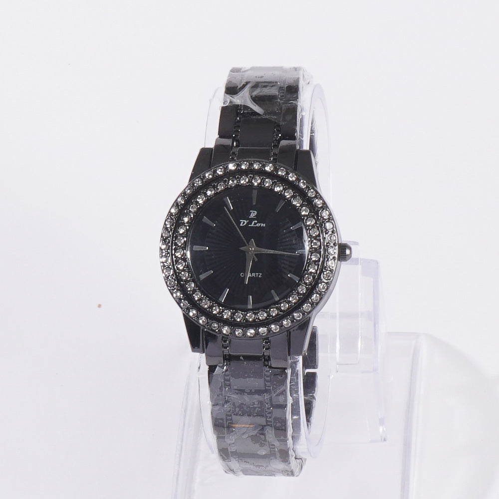 Womens Chain Wrist Watch Dual Stone Black