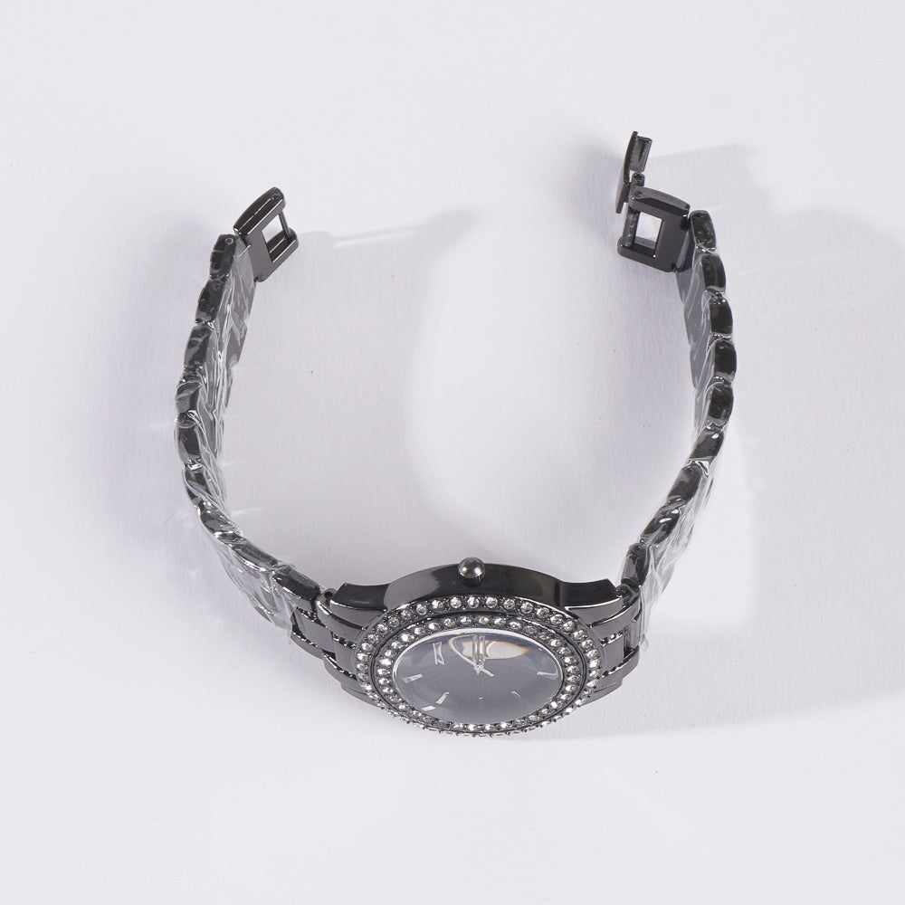 Womens Chain Wrist Watch Dual Stone Black