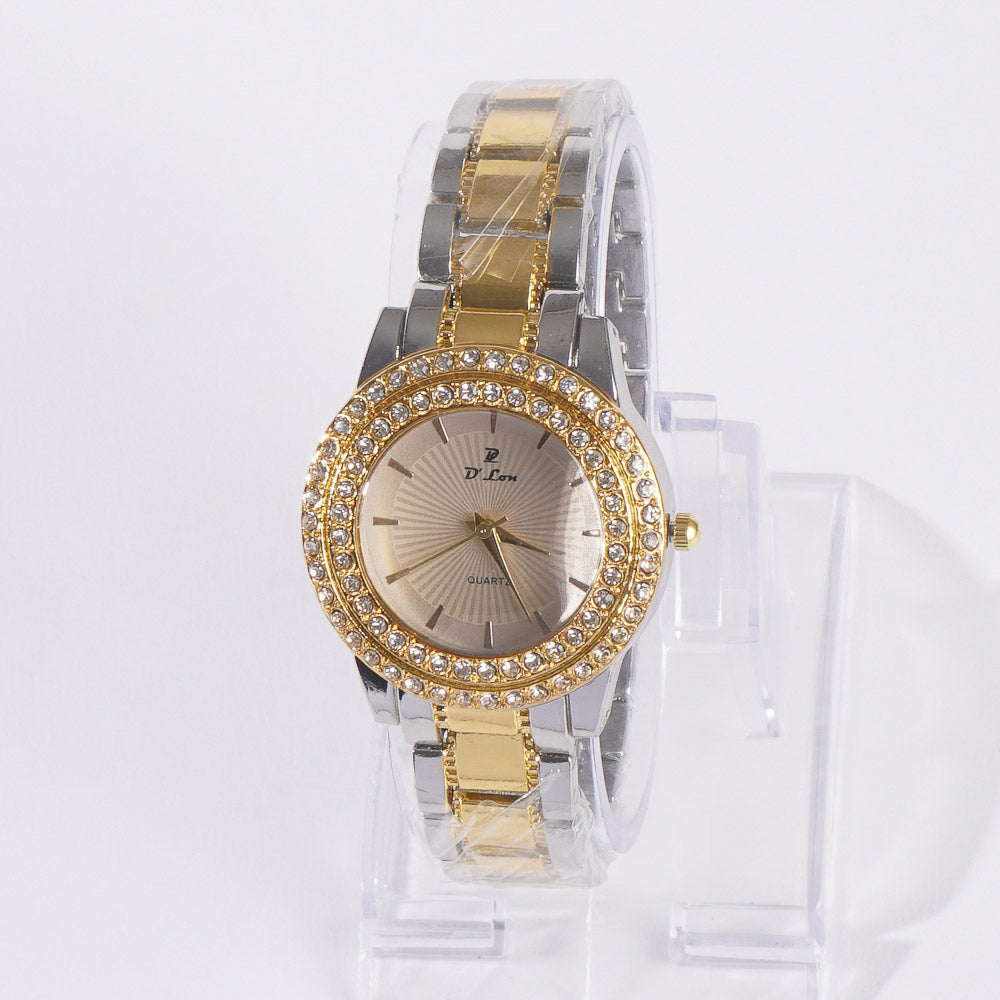 Two Tone Womens Chain Wrist Watch Dual Stone Golden