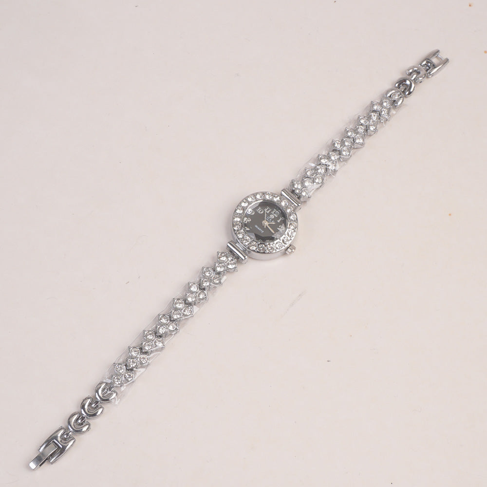 Woman Chain Wrist Watch Silver with Black Dial