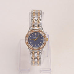 Two Tone Women Stone Design Chain Wrist Watch Blue Dial