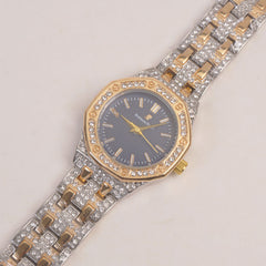 Two Tone Women Stone Design Chain Wrist Watch Blue Dial