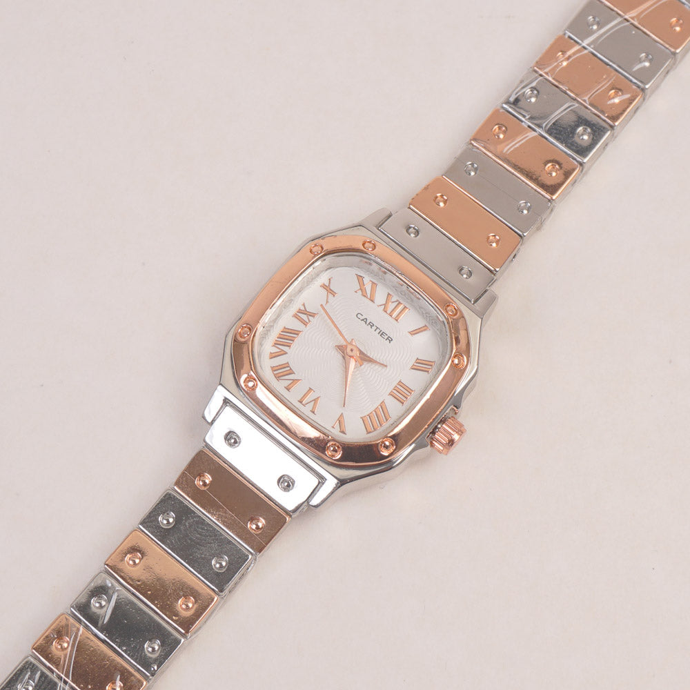 Two Tone Woman Chain Wrist Watch Rosegold with White Dial