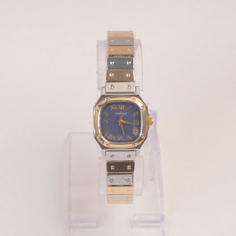 Two Tone Woman Chain Wrist Watch Golden with Blue Dial