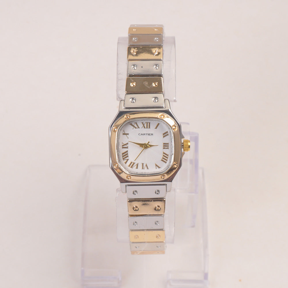 Two Tone Woman Chain Wrist Watch Golden with White Dial