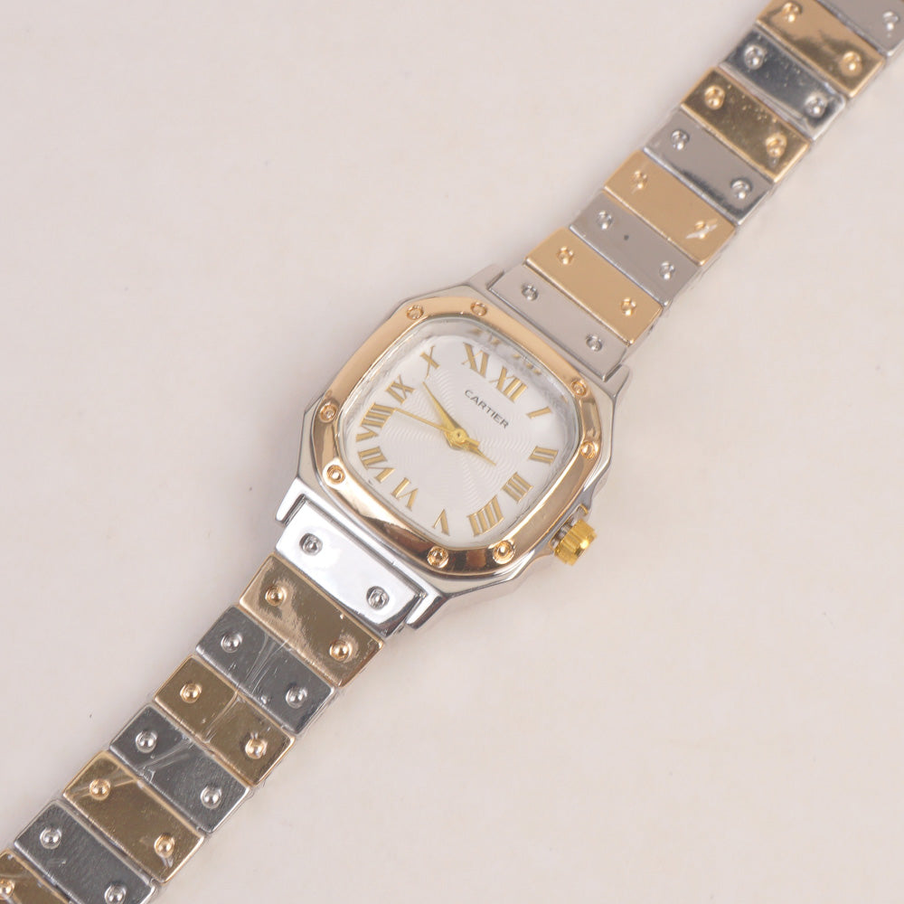 Two Tone Woman Chain Wrist Watch Golden with White Dial