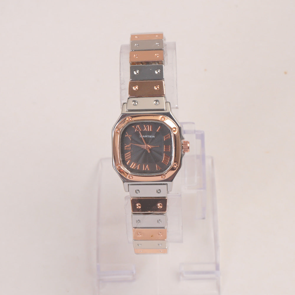 Two Tone Woman Chain Wrist Watch Rosegold with Black Dial