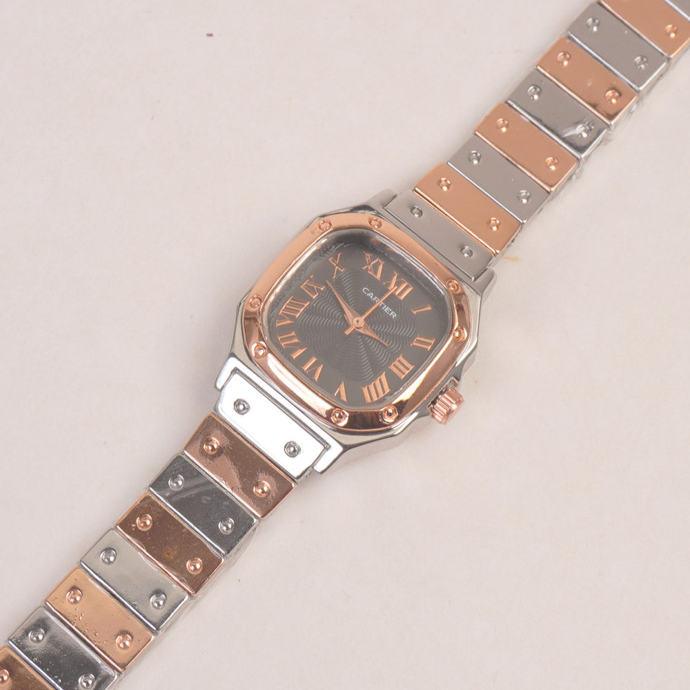 Two Tone Woman Chain Wrist Watch Rosegold with Black Dial