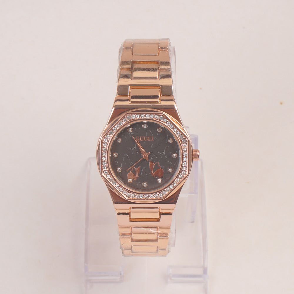 Woman Stone Design Chain Wrist Watch With Black Dial