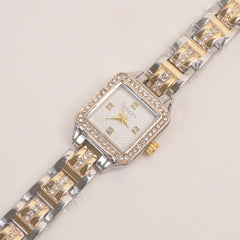 Two Tone Women Stone Design Chain Wrist Watch Golden White Dial