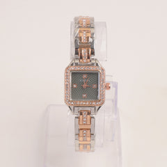 Two Tone Women Stone Design Chain Wrist Watch Rosegold Green Dial