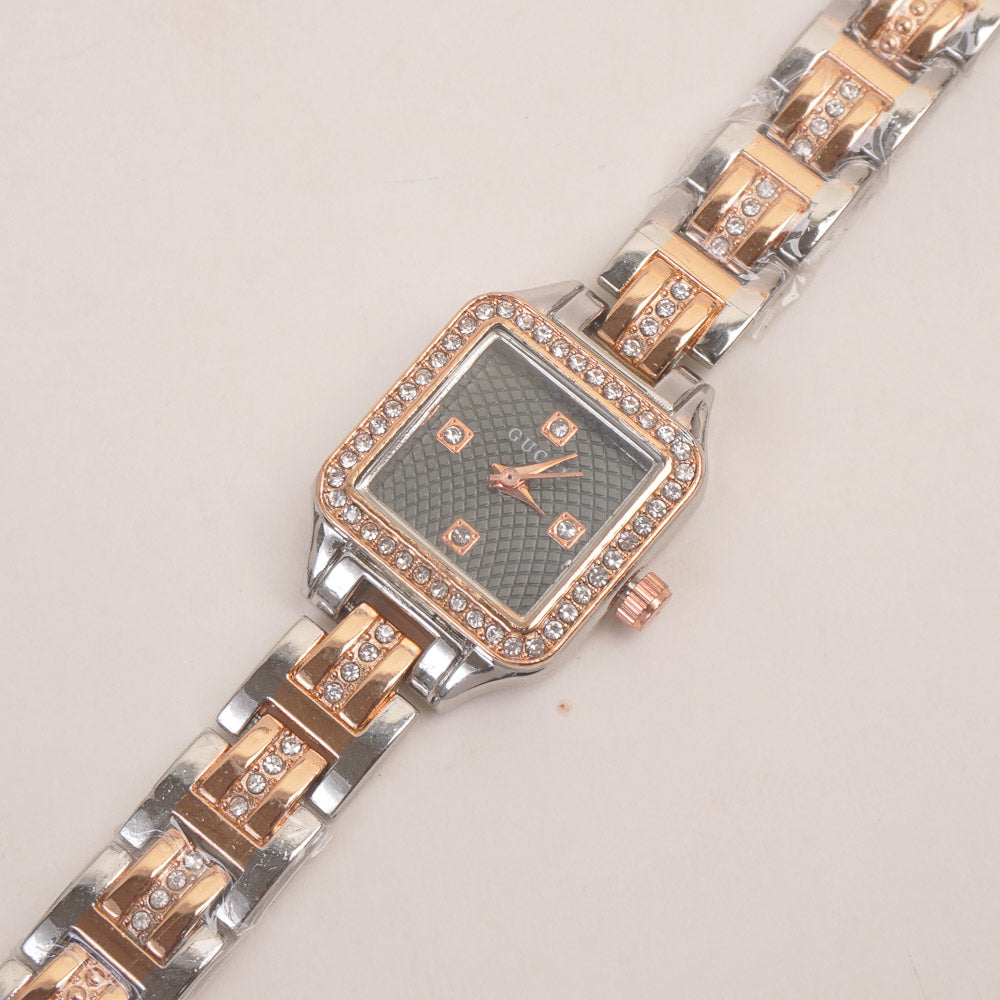 Two Tone Women Stone Design Chain Wrist Watch Rosegold Green Dial