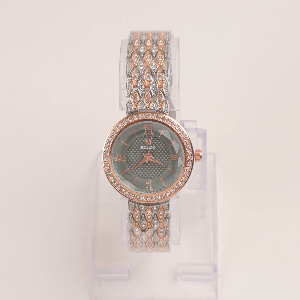 Two Tone Women Stone Design Chain Wrist Watch Rosegold Green Dial