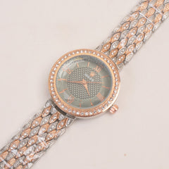 Two Tone Women Stone Design Chain Wrist Watch Rosegold Green Dial