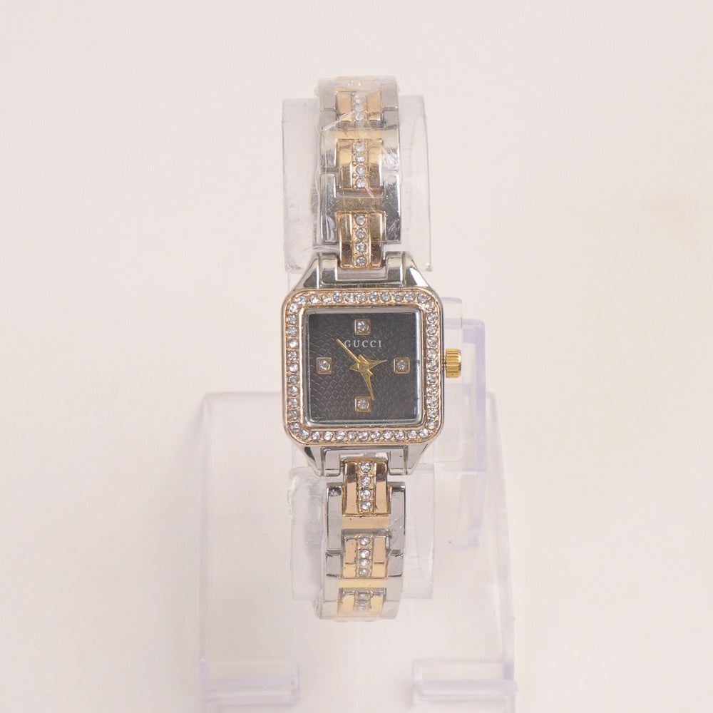 Two Tone Women Stone Design Chain Wrist Watch Golden Black Dial