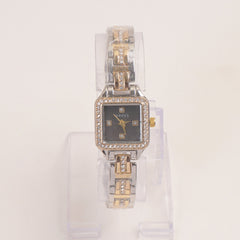 Two Tone Women Stone Design Chain Wrist Watch Golden Black Dial