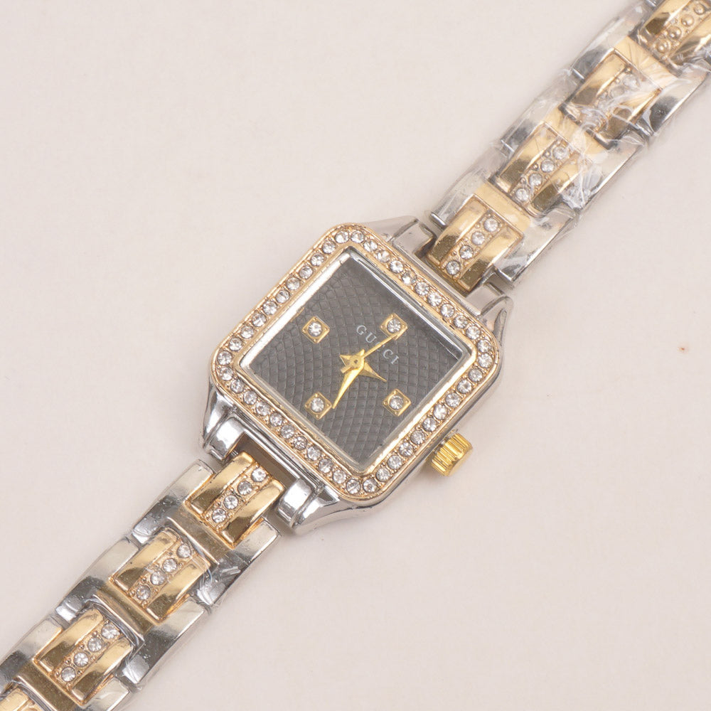 Two Tone Women Stone Design Chain Wrist Watch Golden Black Dial