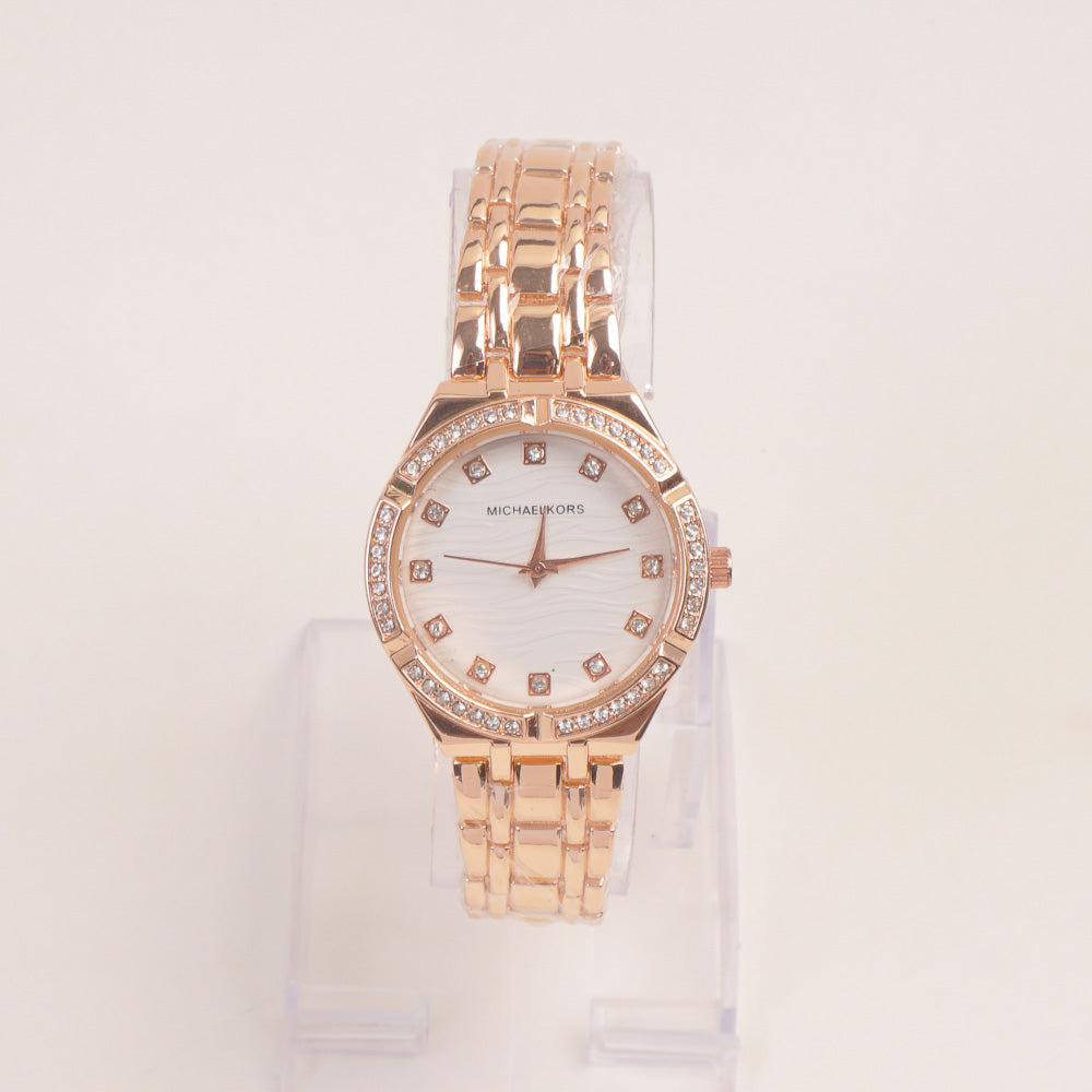 Women Stone Design Chain Wrist Watch Rosegold White Dial