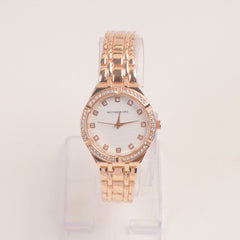 Women Stone Design Chain Wrist Watch Rosegold White Dial