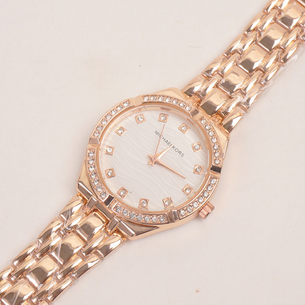 Women Stone Design Chain Wrist Watch Rosegold White Dial