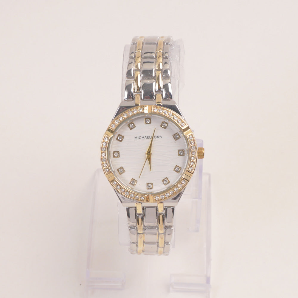 Two Tone Women Stone Design Chain Wrist Watch Golden White