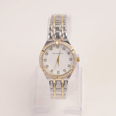 Two Tone Women Stone Design Chain Wrist Watch Golden White