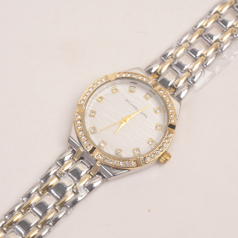 Two Tone Women Stone Design Chain Wrist Watch Golden White