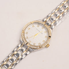 Two Tone Women Stone Design Chain Wrist Watch Golden White