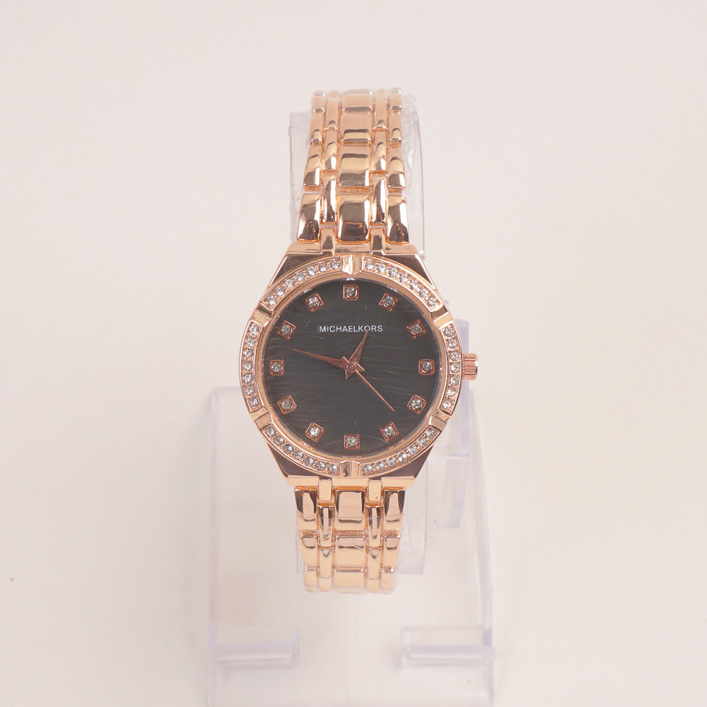 Women Stone Design Chain Wrist Watch Rosegold Black