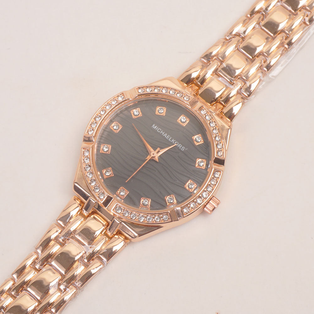 Women Stone Design Chain Wrist Watch Rosegold Black