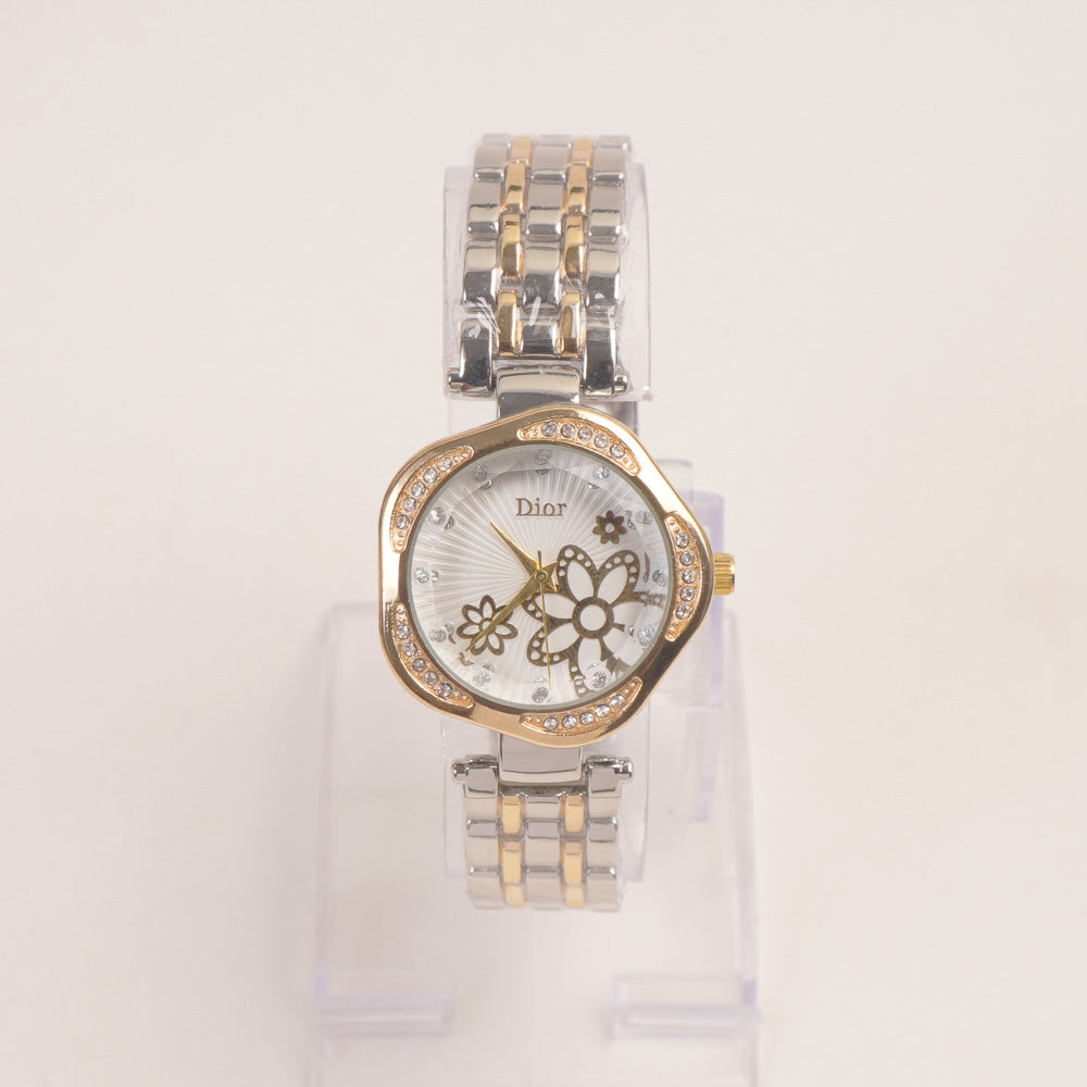 Two Tone Women Stone Design Chain Wrist Watch Golden White