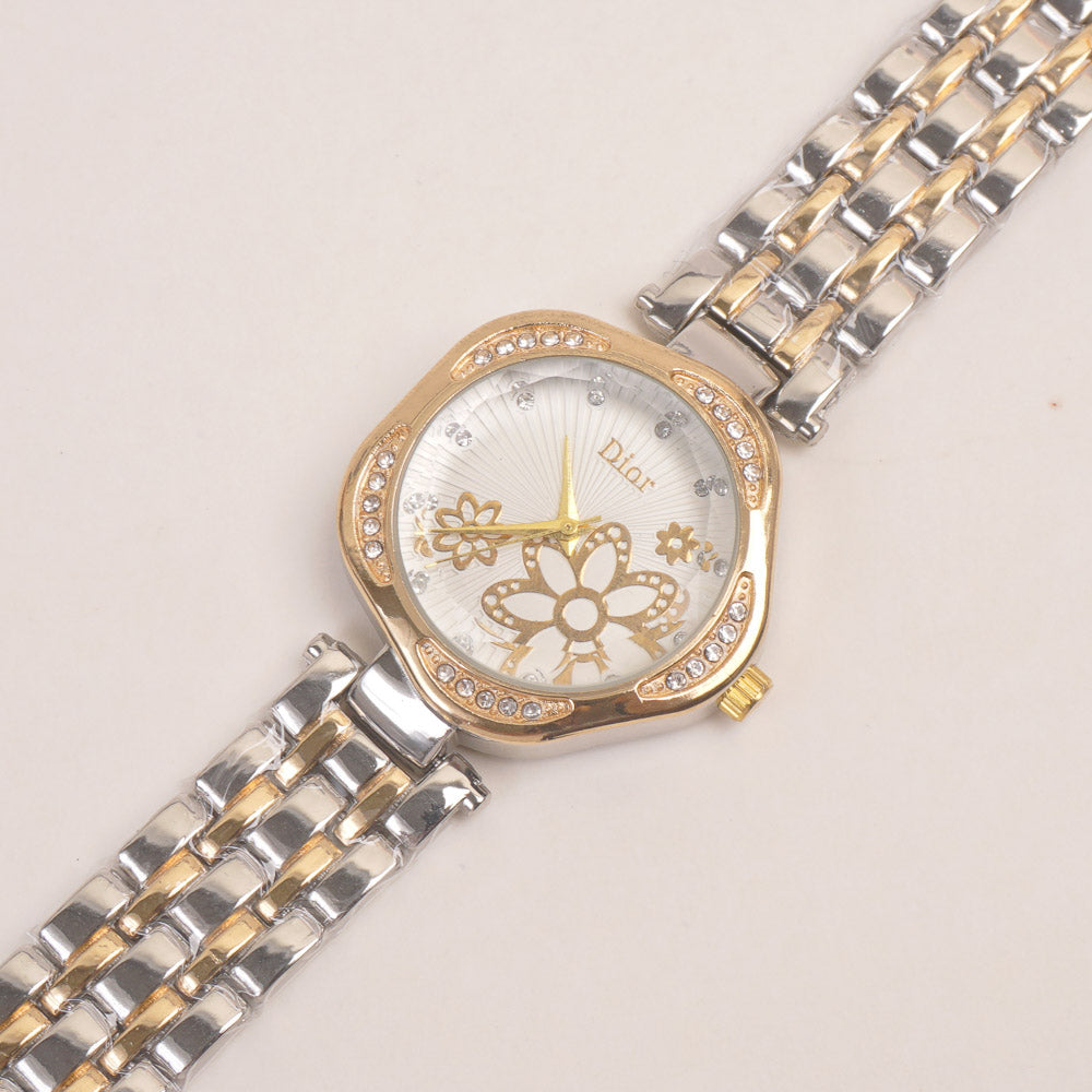 Two Tone Women Stone Design Chain Wrist Watch Golden White