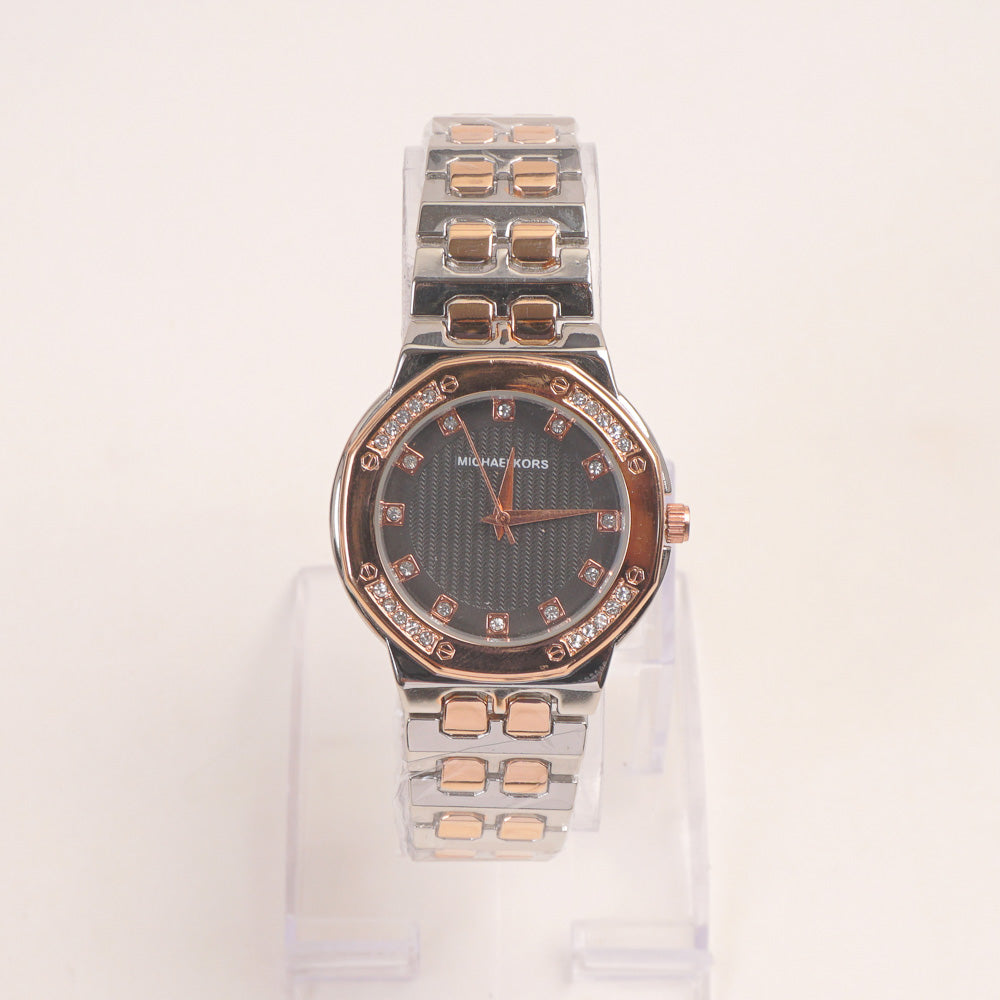 Two Tone Women Stone Design Chain Wrist Watch Rosegold Black