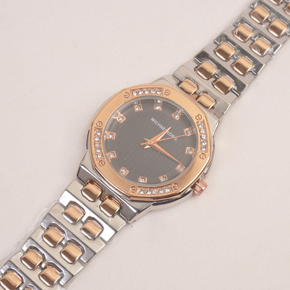 Two Tone Women Stone Design Chain Wrist Watch Rosegold Black