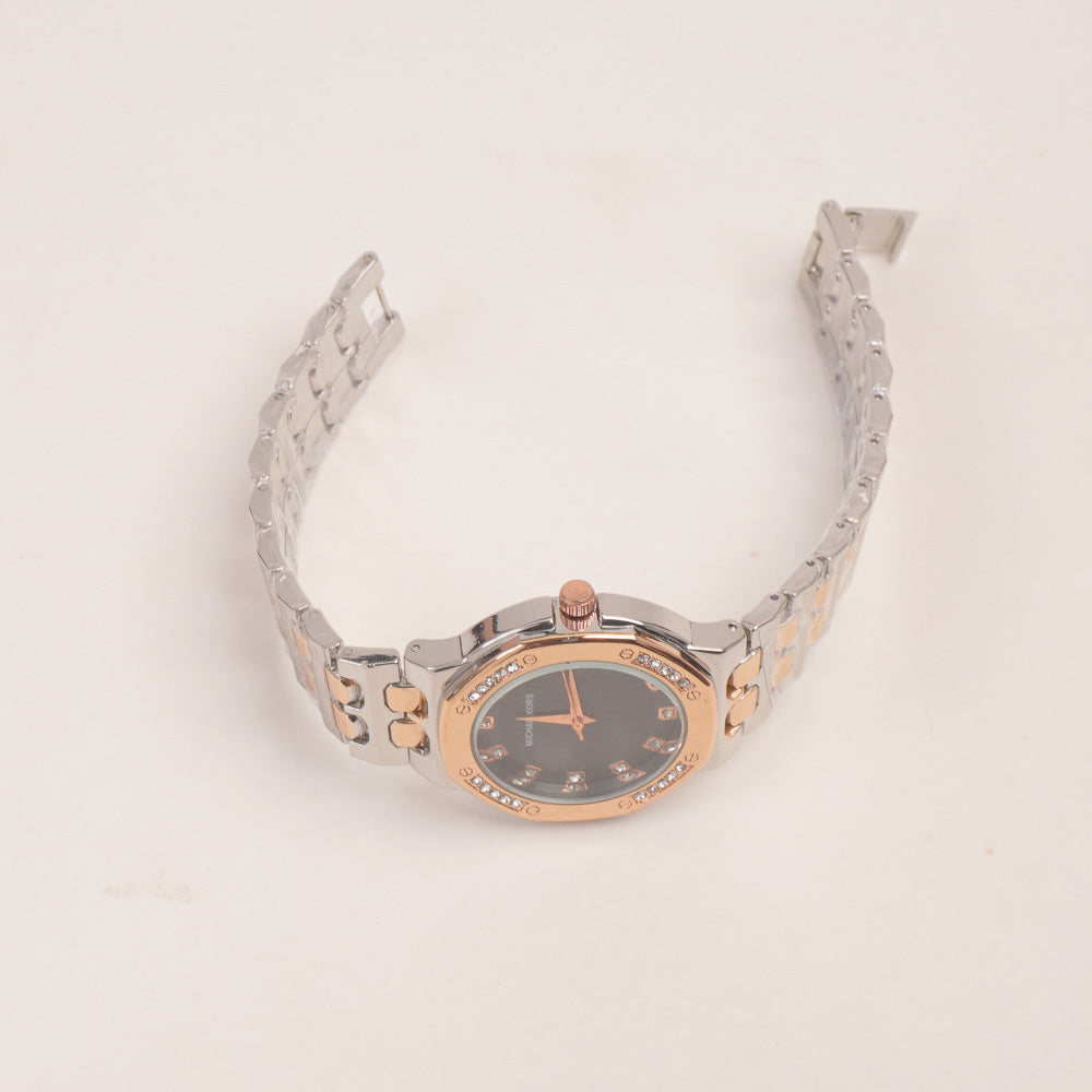 Two Tone Women Stone Design Chain Wrist Watch Rosegold Black