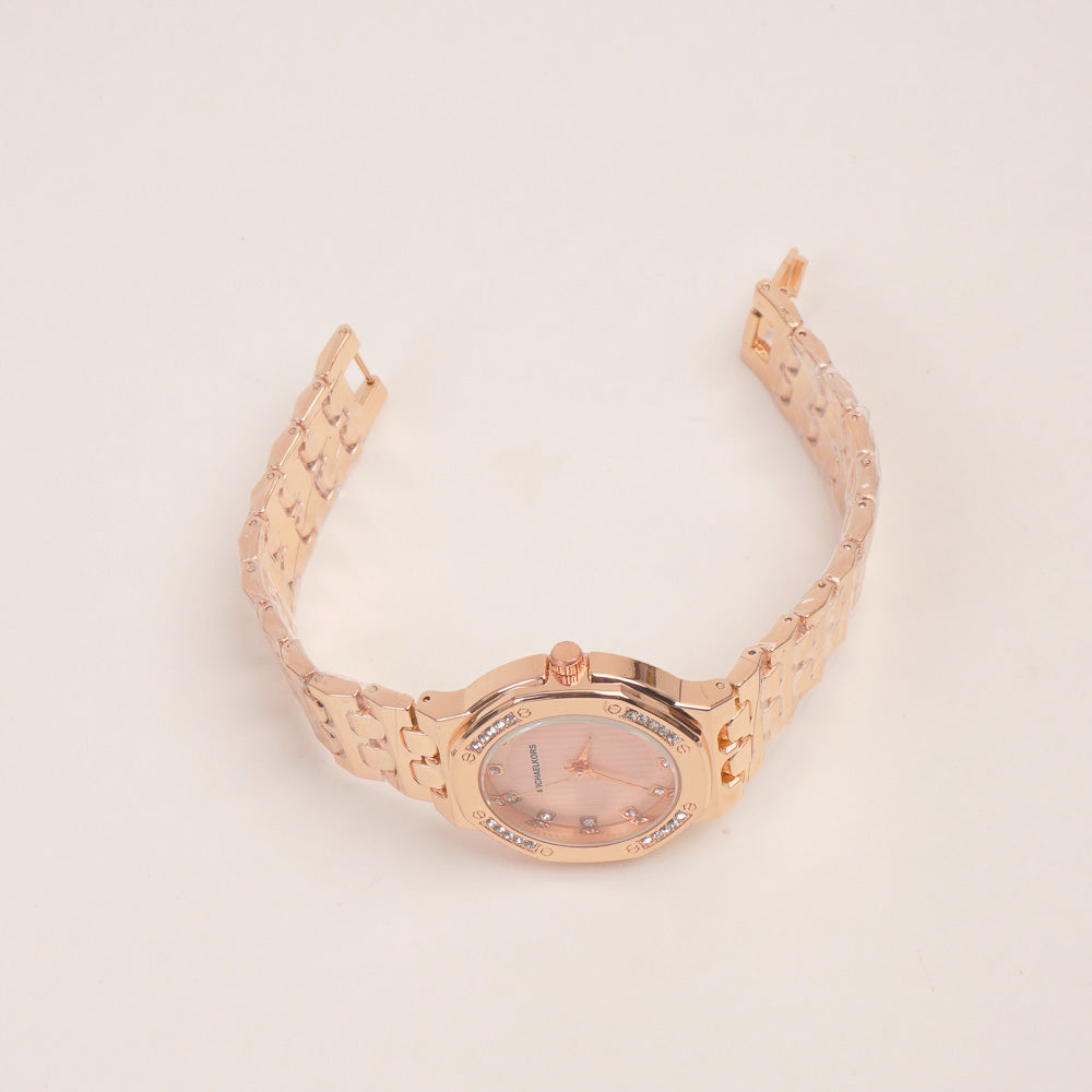 Women Stone Design Chain Wrist Watch Rosegold Pink