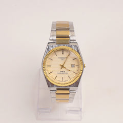 Two Tone Mens Silver Chain Wrist Watch with Golden Dial