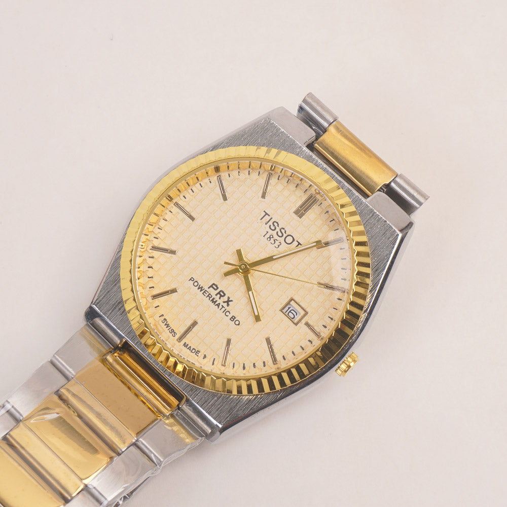 Two Tone Mens Silver Chain Wrist Watch with Golden Dial