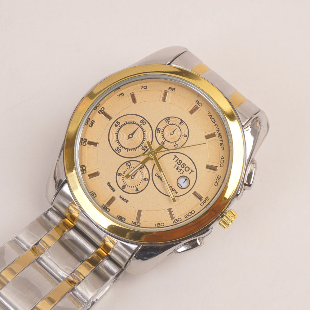 Two Tone Mens Silver Chain Wrist Watch with Golden Dial