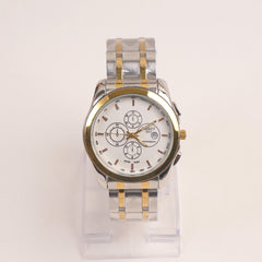 Two Tone Mens Silver Chain Wrist Watch with White Dial