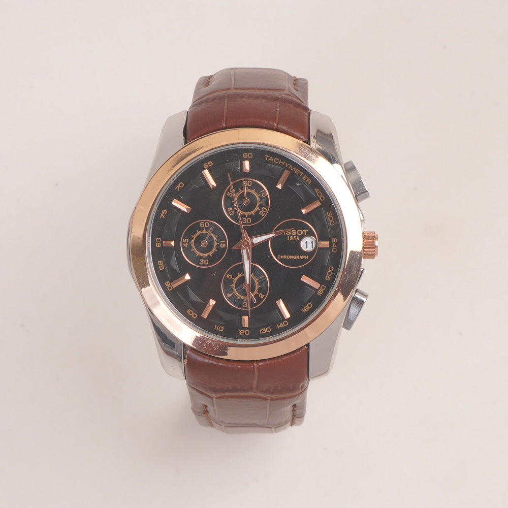 Men's Chronograph Wrist Watch Black Dial Brown Straps