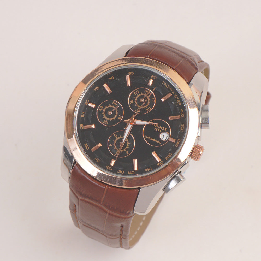 Men's Chronograph Wrist Watch Black Dial Brown Straps